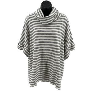 T.la Top SZ L Pullover Cowl Neck Gray White Striped Knit  Short Sleeve Side Slit